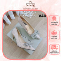 Giày Cao Gót Mũi Nhọn Nơ Kim Sa Đá, Giày Gót Nhọn Nữ Siêu Xinh 7cm-9cm Xưởng Giày Xinh