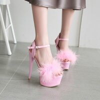 Giày cao gót nhảy pole dance sexy lông xù kích thước lớn 34-48, đế 16cm, sandal mũi nhọn