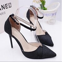 Giày cao gót nhọn 7 phân bít mũi kim tuyến cách điệu hở eo quai cài