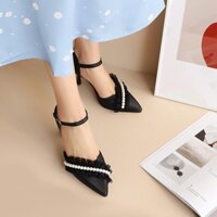Giày cao gót nhọn 7p bít mũi phối ren lưới dún kết hạt châu BM08