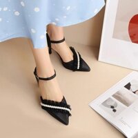 Giày cao gót nhọn 7p bít mũi phối ren lưới dún kết hạt châu BM08 - TK