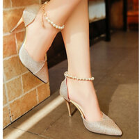 Giày cao gót nhọn 8p bít mũi da kim tuyến vòng cổ chuỗi - BM24