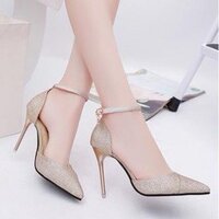 Giày cao gót nhọn 8p bít mũi xếp kim tuyến
