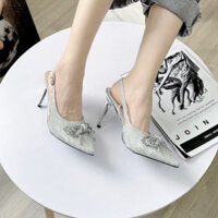 Giày cao gót nhũ bạc Nơ Kim sa gót nhọn 9p sang chảnh