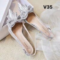 Giày cao gót nữ 9 phân kim tuyến phối mika đính nơ