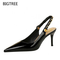 Giày cao gót nữ Bigtree có sẵn 1859-A1 Giày nữ dây xích kim loại dây xích sau mũi nhọn Miệng nông da sáng chế phong cách Âu Mỹ