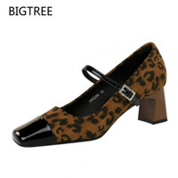 Giày cao gót nữ Bigtree có sẵn 5296 Giày nữ da báo da lộn có khóa đính đá