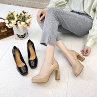 Giày Cao Gót Nữ Bít Mũi Đế Vuông Đúp Da Bóng 2 Màu G0848