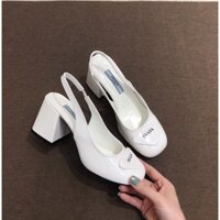 Giày cao gót nữ bít mũi gót vuông 7P khóa Prada Sang xịn Pr11