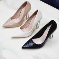 Giày Cao Gót Nữ Da Thật Hoa Văn 🎀Size 34 Đến 38🎀 Giày Bít 10 Phân Gót Thủy Tinh Cao Cấp 0268-2