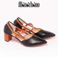 Giày cao gót nữ đế vuông cao 5cm MINICHINO mũi nhọn phối dây thời trang màu đenTC050