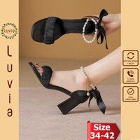 Giày cao gót nữ đế vuông thắt nơ 7 phân quai ngọc thời trang Luvia X75CG