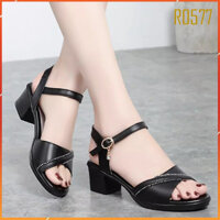 Giày cao gót nữ đẹp đế vuông 5 phân hai màu đen da F16