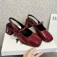 Giày cao gót nữ đỏ quai ngang nơ công sở Sandal hở gót dáng Slingback mũi vuông gót 5cm da bóng Giày cao gót quai hậu