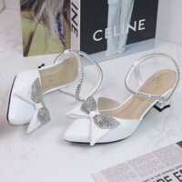 Giày cao gót nữ, giày sandal bít mũi đính nơ kiểu gót thô 6p