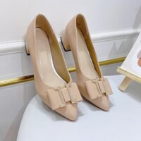 Giày cao gót nữ màu nâu, kiểu giày búp bê, da mờ phối nơ đính hạt lấp lánh OCNHI18