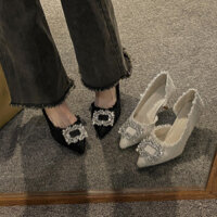 Giày Cao Gót Nữ Mùa Hè 2025 Phong Cách Mới Niche Thiết Kế Pháp Mũi Nhọn Giày Stiletto Gót Phong Cách Chanel Giày Kim Cương Giả