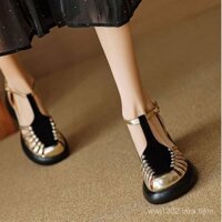 Giày cao gót nữ mùa hè kín mũi, đế dày, mới 2025, giày đế bệt màu sắc, kiểu La Mã rỗng