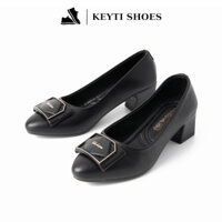 Giày cao Gót nữ mũi nhọn, Guốc Công sở đế Vuông cao 5 cm Phối Nơ Da Mềm