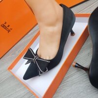 GIÀY CAO GÓT NỮ MŨI NHỌN NƠ LỤA TO