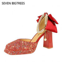 Giày cao gót nữ SEVEN BIGTREES 7723-H78TP phong cách Hàn Quốc thời trang sequin chống nước nền tảng gót chunky siêu nông mũi vuông dép ngọc trai giày nữ