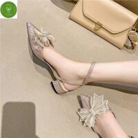 Giày cao gót nữ, sục bít mũi chất da phủ nhũ đính nơ CÁNH TIÊN gót vuông cao khoảng 4cm quai cài