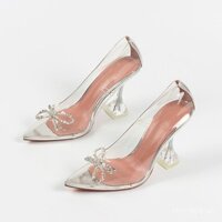 Giày cao gót nữ thanh lịch bằng keo trong suốt, phong cách châu Âu và Mỹ mới, gót chunky cao cấp, mũi nhọn, giày đơn cổ tích có nơ cao cấp