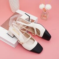 Giày cao gót nữ vá mũi đen kem có quai hậu cao 5cm H06