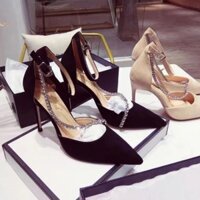 Giày cao gót phối chuỗi dây đính đá màu đen mẫu S2021 thời trang xuân hè dành cho nữ -HI)(*