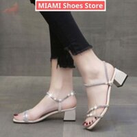 Giày cao gót quai 2 dây hậu cài đơn giản nữ tính, sandal cao gót đế vuông 5 phân quai xoàn mảnh xinh