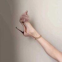 Giày Cao Gót Quai Xích Phối Lông Kim Loại 2022 Thời Trang Cho Nữ  Cao Gót Mũi Nhọn Giày Cao Gót Nữ 9Cm