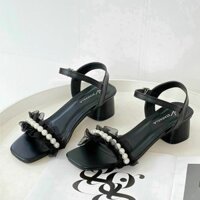 Giày Cao Gót Sandal Quai Vải Voan Mềm Nhún Viền Ngọc Đế Vuông Cao 3 Phân Nữ
