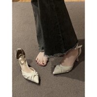 Giày cao gót thanh lịch cho phụ nữ, thiết kế mùa hè, phong cách cổ tích với đầm, màu đen ngọc trai, phong cách Pháp nhẹ nhàng