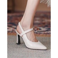 giày cao gót trắng mũi nhọn giày công sở nữ da mềm đen guốc gót cao 7cm
