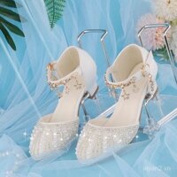 Giày cao gót trẻ em phiên bản học sinh của cô bé biểu diễn Giày công chúa bạc trắng cho bé gái người dẫn chương trình với váy Giày Pha Lê