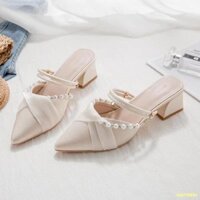 🌈🌈Giày cao gót trung bình mới của phụ nữ dép hai bên nửa kéo Bao Đầu dép mũi nhọn giày nữ gót dày