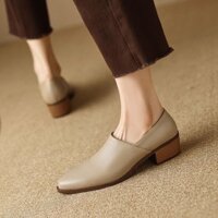 Giày cao gót vừa (3-5cm) giày cổ thấp miệng sâu đế vuông mũi nhọn giày PU cao su