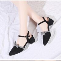 Giày cao gót vuông 5 phân bít mũi hở gót nơ caro -TT