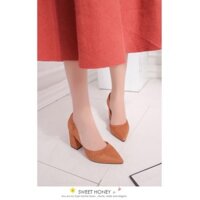 Giày cao gót vuông 7 phân bít mũi hở eo da lộn