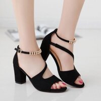 Giày cao gót vuông 7p hở mũi quai chéo vòng cổ hột vuông - kèm ảnh thật - SD97
