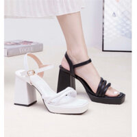 Giày cao gót vuông 9 phân mũi đúp 3 dây tròn xéo da mềm