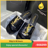 Giày cao gót YSL da đen sơn mài thời trang cổ điển khóa vàng đồng, đế cao su phong cách Hàn Quốc dép gót chunky RF5M