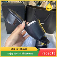 Giày cao gót YSL màu đen mờ da cừu thời trang cổ điển khóa vàng đồng, đế cao su kiểu Hàn Quốc dép gót chunky SAZW