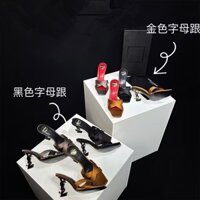 Giày cao gót YSL mới mũi vuông, gót mở chéo, lụa, tiệc xã hội, gót siêu cao không đều, sandal sexy