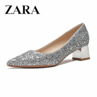 Giày Cao Gót Zara Nữ Gót Dày Phong Cách Mới Phù Hợp Với Pha Lê Bạc Giày Cưới Mũi Nhọn Nông Miệng Giữa Gót Giày