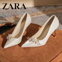 Giày Cao Gót Zara Nữ Stiletto Gót Phong Cách Mới Mũi Nhọn Bơm Cưới Hai Cánh Cô Dâu Giày Cưới