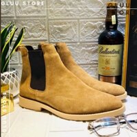 Giày Chelsea Boots da bò lộn màu nâu đế crepe vàng sang trọng