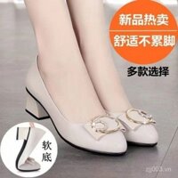 Giày cho mẹ kiểu hot, giày công sở bốn mùa cho người trung niên với gót thô dễ phối thoải mái da mềm thật, Giày da nữ kiểu Tây gót vừa