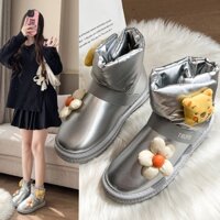 Giày cổ cao nữ 2 cm mũi tròn bề mặt trơn lót lông trong đế chống trơn trượt cá tính &B-2