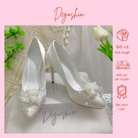Giày cô dâu đính hoa, giày cao gót 11cm đúp mũi Lụa Satin sang trọng - thiết kế độc quyền bởi Degoshin.